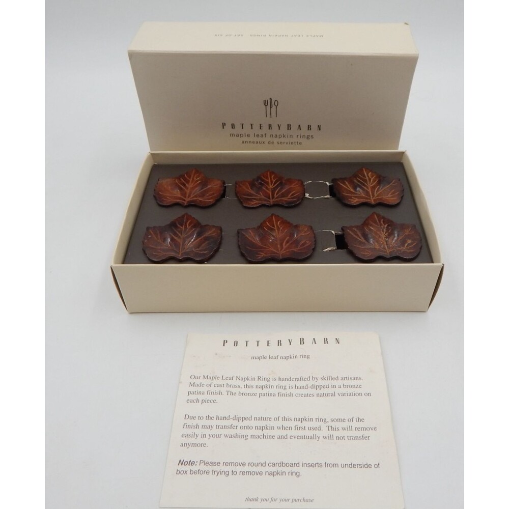 Pottery Barn Maple Leaf Napkin Rings Bronze Set 6 Fall Harvest Thanksgiving